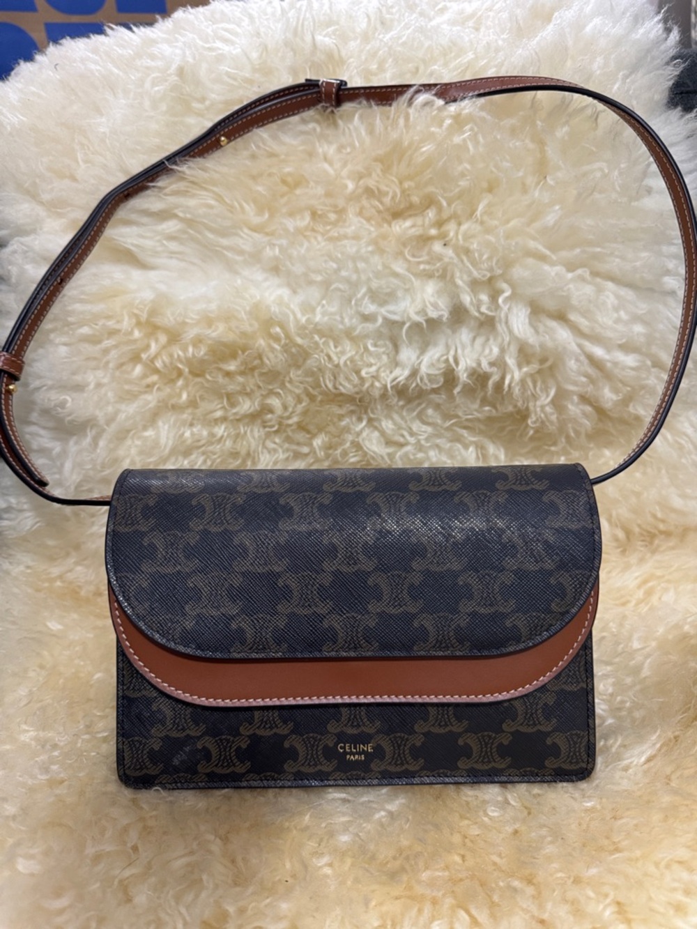 Celine Brown Triomphe Canvas and Tan Leather Crossbody Bag